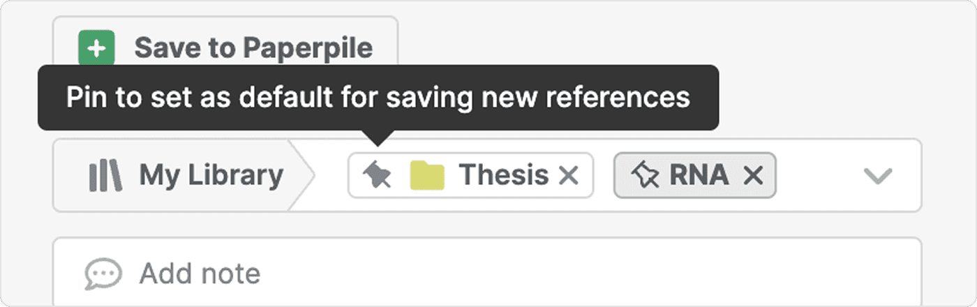 The extension popup’s destination selector with a tooltip reading “Pin to set as default for saving new references” over the pin icon beside the Thesis folder and RNA label.